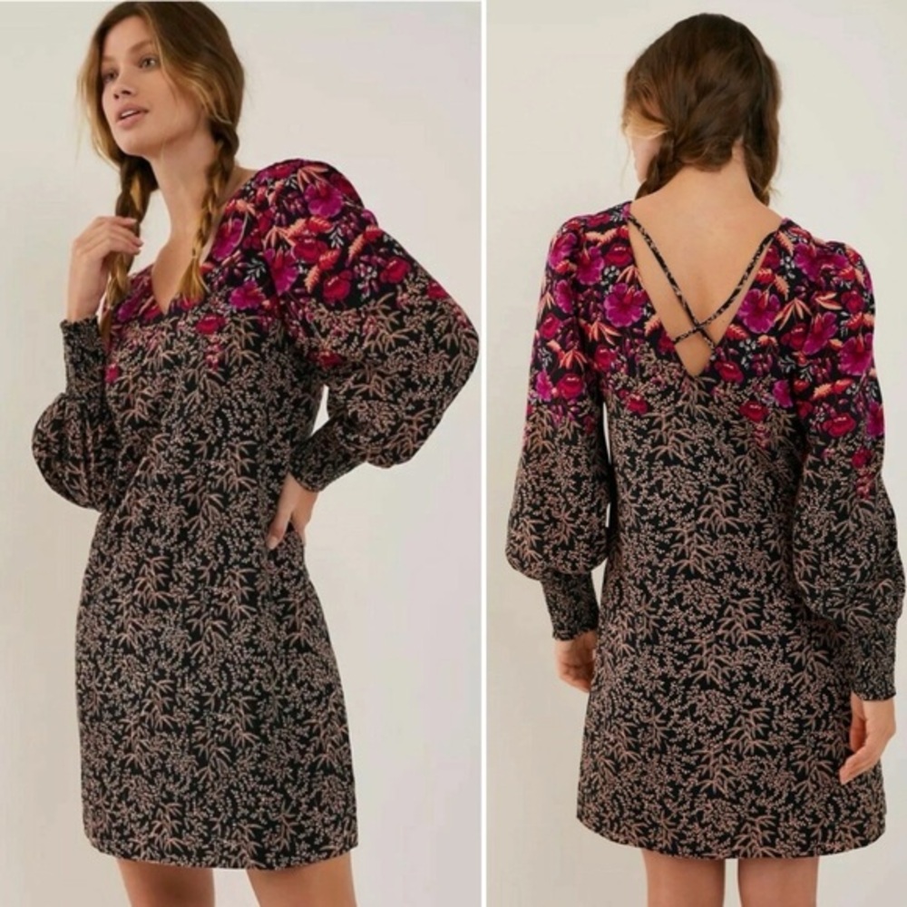 Anthropologie Cyree tunic mini dress floral black purple puff sleeves 6